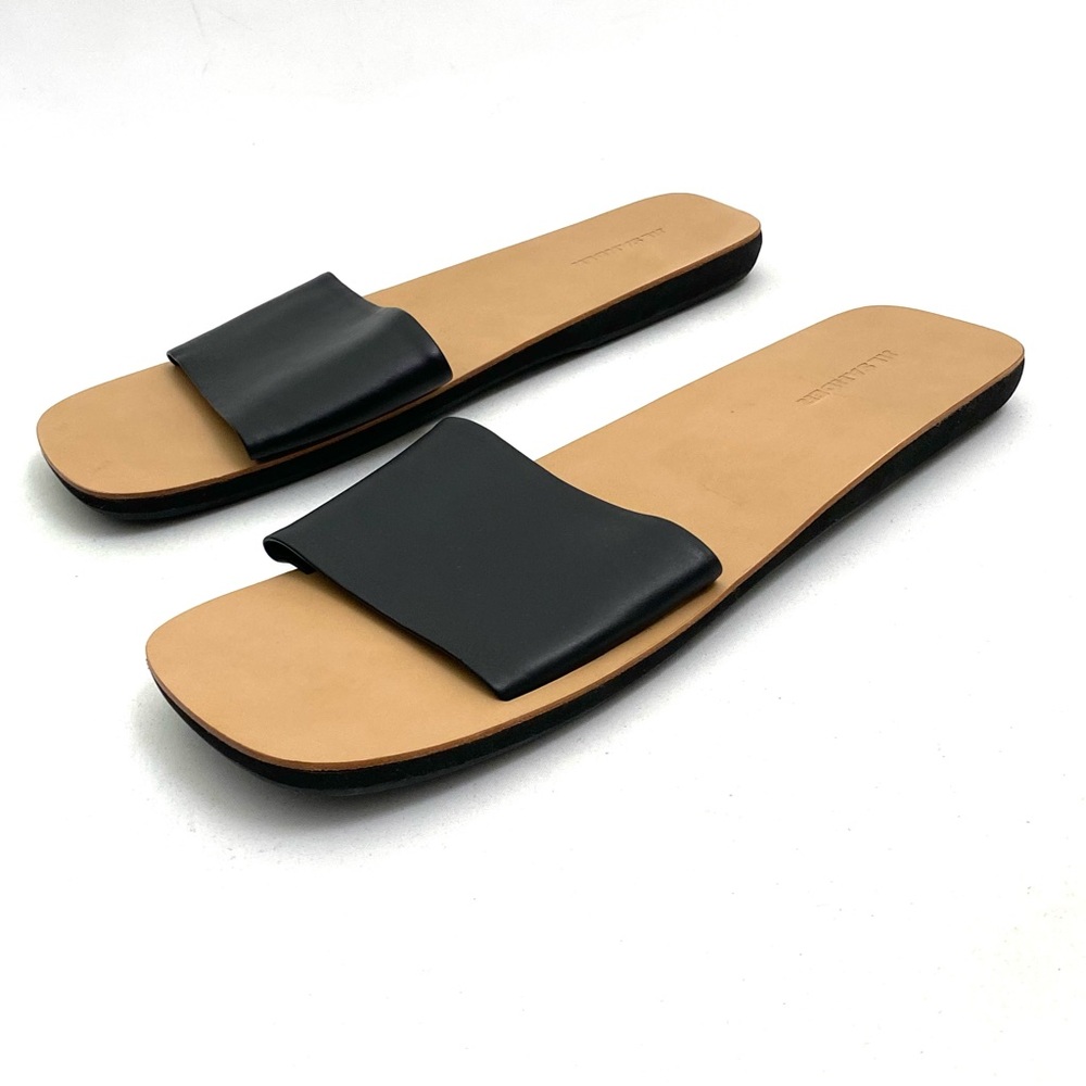 JIL SANDER Black Sandals Slides Size 10 Flat Slip On Agnellato Calf Leather
